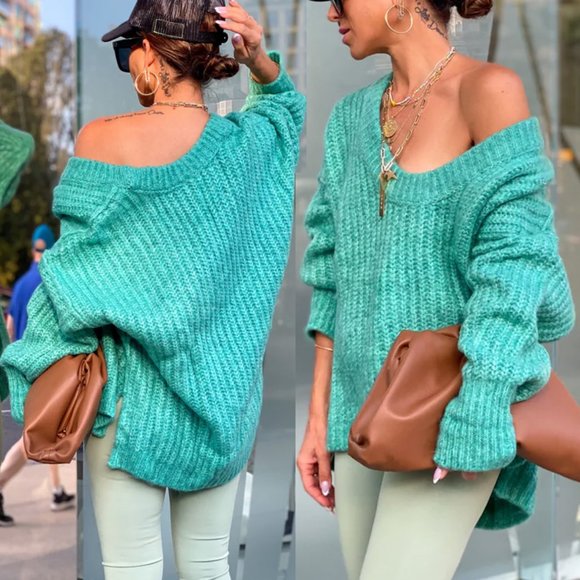 Free People Sweaters - NEW Free People Blue Bell U V Neck Oversize Slouchy Tunic Sweater Teal $128 S